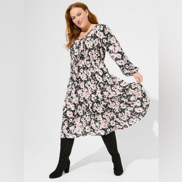 Torrid Midi Swiss Dot Pleat Long Sleeve Dress Black Floral Long Sleeve Size 2 2X - Picture 1 of 12
